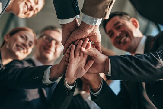 Diverse group of business colleagues stacking their hands together in a symbol of team unity