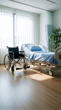 Hospital room scene with adjustable bed and wheelchair near window with sheer curtains. Natural light streams in illuminating wooden floor. A green plant adds touch of life to sterile medical setting.