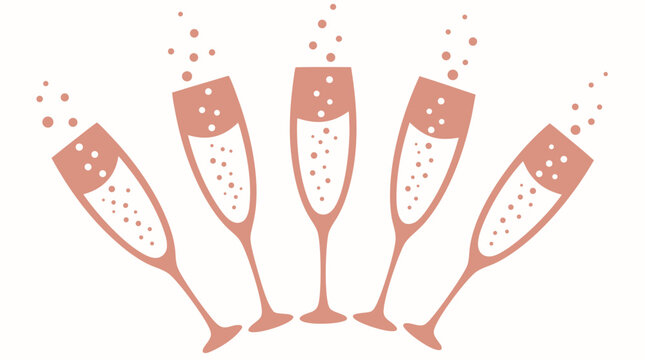 Five elegant rose gold champagne flutes in festive fan arrangement with sparkling bubbles, flat vector illustration for New Year Eve celebration, wedding toast, luxury party and holiday cheers
