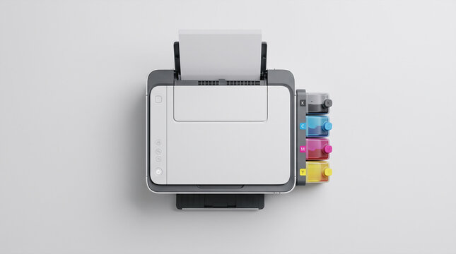 Top view of modern inkjet printer with ink bottles and paper loaded
