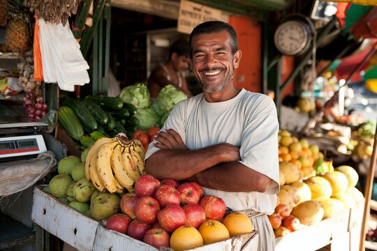 Middle aged male street vendor smiling with arms crossed behind a display of fresh colorful fruit