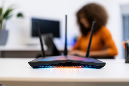 Modern black wireless internet router with antennas on a desk in a home office workspace.