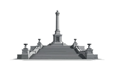 Fototapeta premium Grand stone monument staircase with tall column and urns on a white background