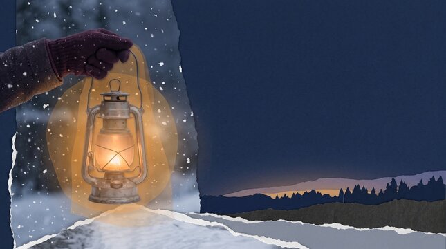 Gloved hand holding a glowing lantern in falling snow against a dark winter solstice sky, creating a quiet symbol of returning light