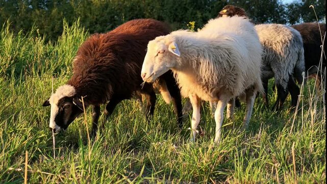 Grasende Schafe auf der Weide im Abendlicht