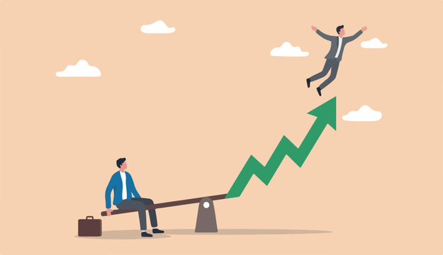 Investment stock market volatility, financial asset value going up down profit growth rising up concept, businessman sit balance green arrow graph lift up other guy soaring