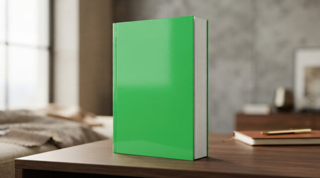 Hardcover book with bright green blank jacket standing on wooden office desk for editorial publishing and logo mockup design.