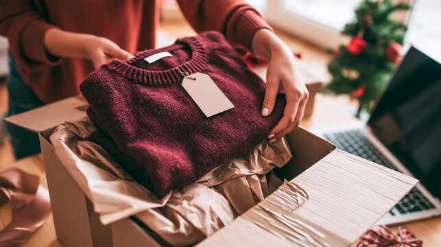 クリスマスプレゼントのセーターを返品・交換するために段ボール箱に詰める女性