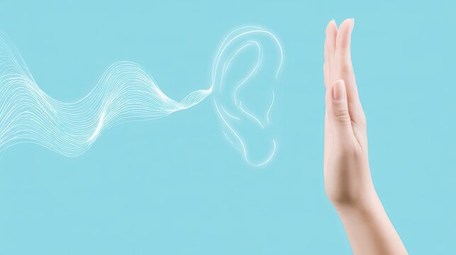 Abstract human ear shape formed by sound waves with a hand gesture on blue background