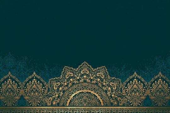 Elegant ornamental golden damascus border pattern on dark teal background graphic design resource