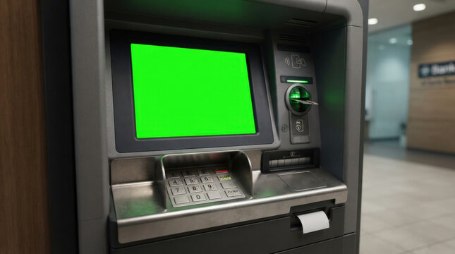 Modern automated teller machine with bright green mock up screen features secure numeric keypad and illuminated card slot reader.