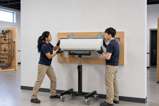 Heat Pump Installer Training with hvac learners positioning a mini split unit
