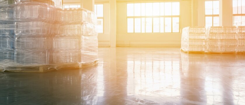 Bottled water pallets stored in a bright industrial warehouse facility with sunlight.