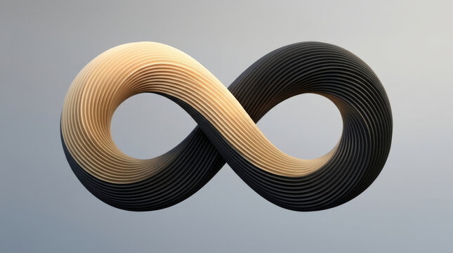 Textured black and gold infinity symbol stands elegantly on soft gradient background representing limitless loop and continuity.