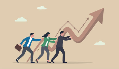 Obraz premium help business resistance support for business growth, cooperation to improve and raising performance concept, business team members help push arrow rising up graph