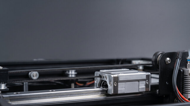 Close up of a 3D printer axis mechanism with belt drive