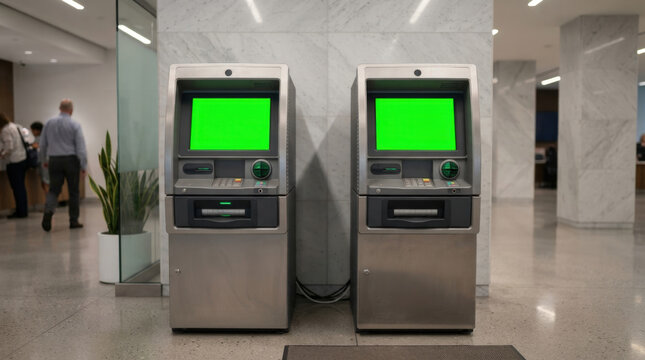 Two identical metallic automated teller machines with green screens stand side by side in modern bright bank lobby interior.