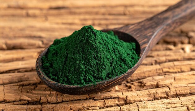 Vibrant green spirulina powder piled high on a rustic wooden spoon, showcasing its rich nutritional content and health benefits.