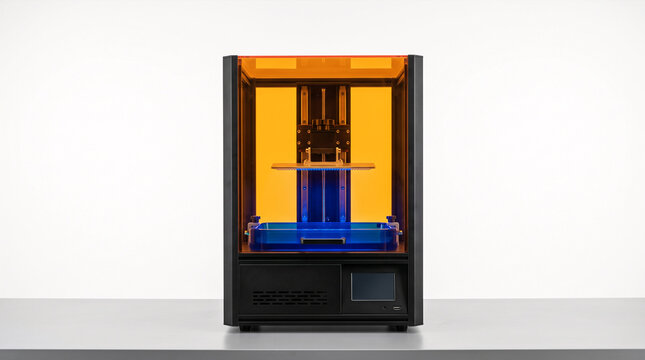 3D printer with orange enclosure and blue light printing object