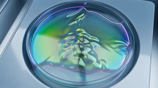 Iridescent liquid pool spreads outward across clear circular dish, forming smooth lobes around raised center while rainbow reflections shift over cool metallic surface