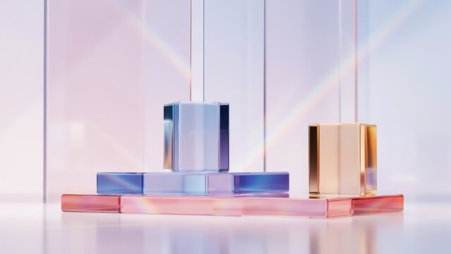 Abstract composition of glass cubes and rectangular prisms with iridescent reflections and rainbow light refractions on a light neutral background