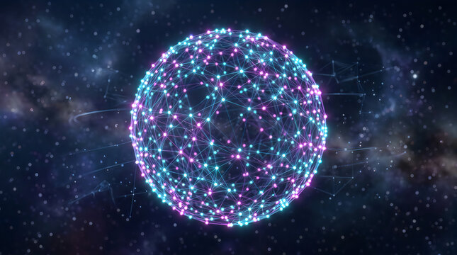 Abstract technology sphere glowing nodes digital network in deep space illustration