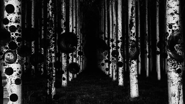 An abstract dynamic stop motion animation sequence background featuring a scary entrance into nowhere through a dark birch alley with witchcraft death symbols and black ink circles.