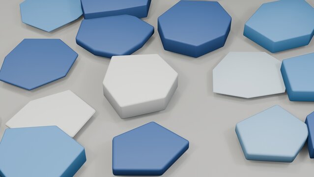 Scattered blue and white geometric shapes on a gray background