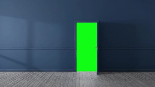 Blue room interior with wooden floor opening a door to reveal a chroma key green screen background