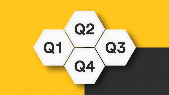 Quarterly Business Planning Concept with Q1, Q2, Q3 and Q4 Blocks, Financial Reporting, Annual Strategy and Performance Management