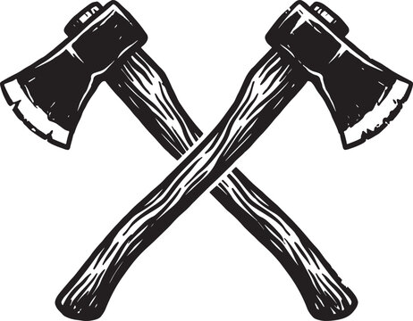 Two crossed axes vector illustration. hand drawn sketch black and white cross axes logo. vintage cross lumberjack ax or battle axe.