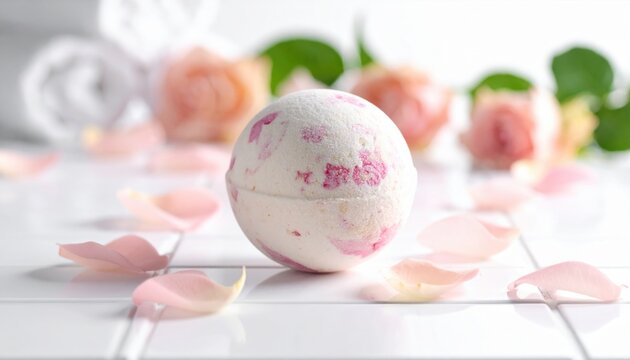 Delicate rose bath bomb with pink petals, perfect for luxurious spa experiences at home.
