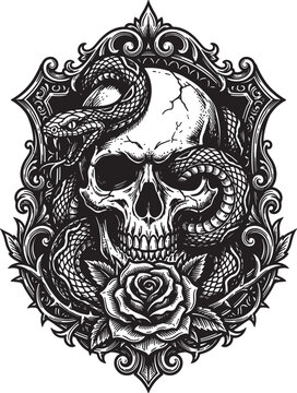 Skull with snake and rose in vintage frame. perfect for tattoo t shirt design and merchandise vector illustration.