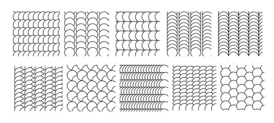 Collection of seamless fish scale and wave patterns. Abstract black and white vector line textures, traditional oriental linear backgrounds, and minimalist scallop shapes. Perfect for textiles etc    © shahnila