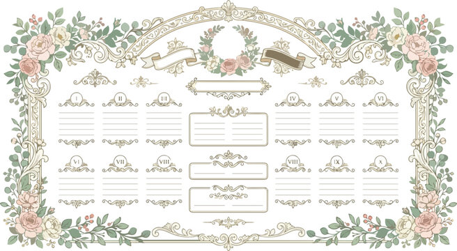 Vintage floral wedding seating chart template displaying table arrangement cards with elegant botanical border details