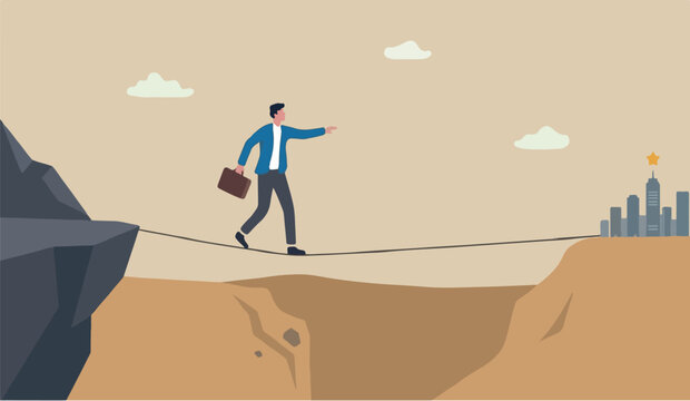  Business investment to the protection challenge danger difficulty overcome success work career concept confident brave businessman ropewalker equilibrium high tight rope