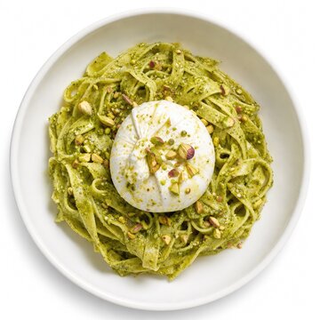Delicious fettuccine pasta with vibrant green pistachio pesto sauce topped with fresh burrata cheese for luxury italian dining menu and food blog visuals.