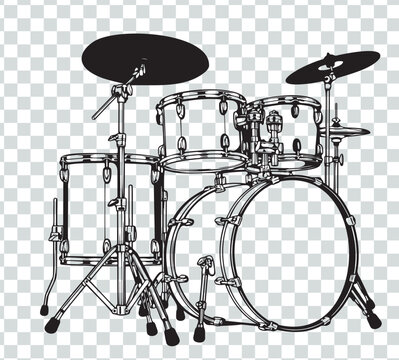Detailed outline illustration of a complete acoustic drum kit with bass drum, tom drums, snare and cymbals. Vector line art for music, rock band, concert, recording studio and percussion designs.