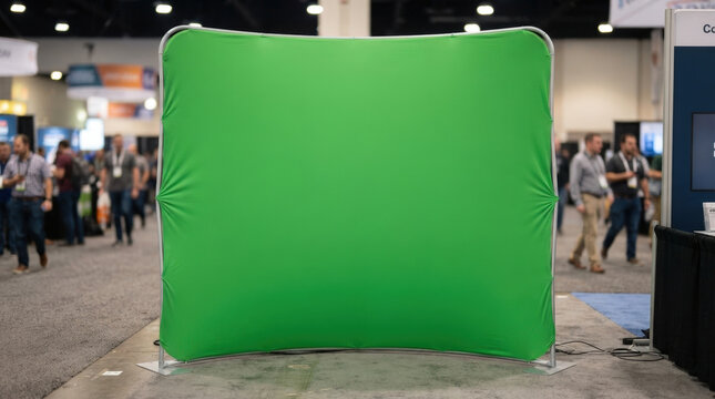 Curved green screen backdrop on portable metal frame setup inside busy exhibition hall for professional event video production.