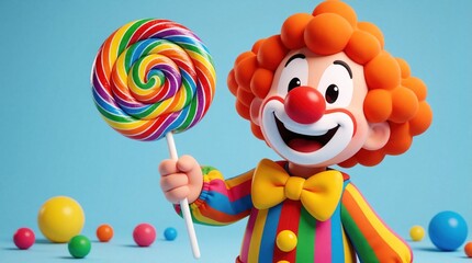 Naklejka premium Cheerful 3D cartoon clown character holds big colorful rainbow lollipop. Happy circus mascot with orange hair, red nose smiles on blue background. Fun kid party concept with bright candy, floating
