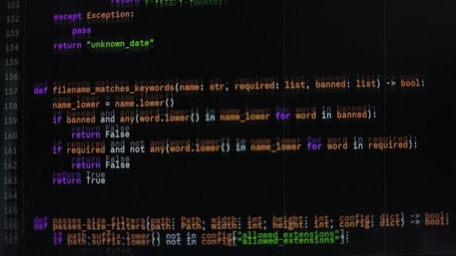 Software code text generation with film dust and scratch noise. Retro green screen terminal processing fast data loop with heavy grain texture. Digital programming language matrix with