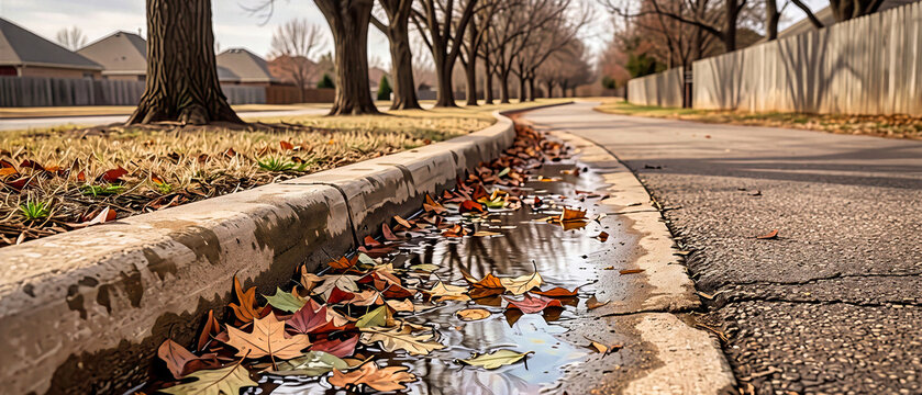 Fallen colorful autumn leaves floating in water puddle along concrete curb on asphalt suburban street. Low angle wide shot of maple foliage in road gutter with trees along sidewalk background