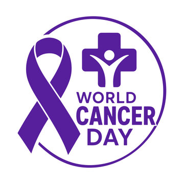 World cancer day awareness emblem with purple ribbon and medical cross symbol on white background