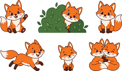 Fototapeta premium Cute Cartoon Red Fox Vector Character Set Featuring Waving Running Sitting Poses and Peeking Behind a Green Bush for Kids Sticker Designs
