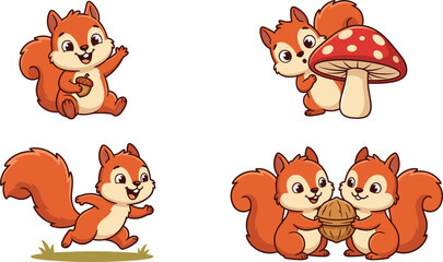 Obraz premium Cute Cartoon Squirrel Vector Mascot Character Set Featuring Waving Running Poses and Peeking Behind a Mushroom with Acorn and Walnut Nut Elements