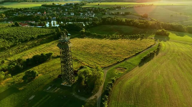 Bohdaneč lookout tower in Central Bohemia: drone shot at sunset