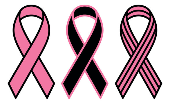 Flat cartoon set of 3 breast cancer awareness ribbons featuring pink and black color variations for charity and health campaign design