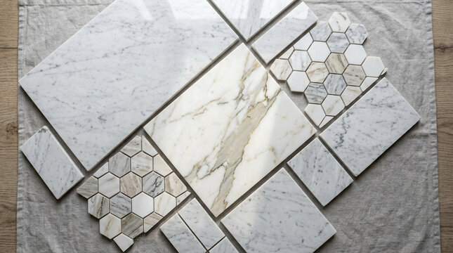Elegant Marble and Hexagonal Tile Samples on Fabric Background for Design Inspiration