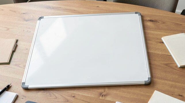 Whiteboard mockup on wooden table, empty template, conference seminar sign for business