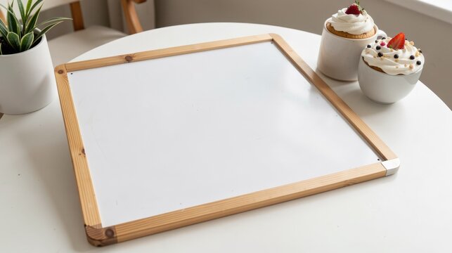 Whiteboard mockup on white table, empty template, bakery pastry sign for business